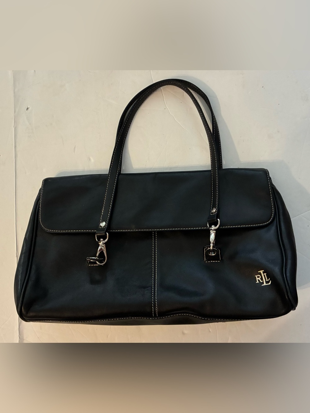 Ralph Lauren Black Leather Tote with Silver Hardware